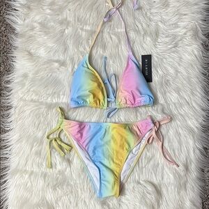 NWT Tempt Me From Amazon Rainbow Color Triangle Top Tie Sides Bottom Set Size S
